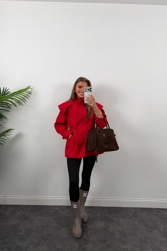 Premium Seri Parka Model Beli Büzgülü Trençkot Kırmızı