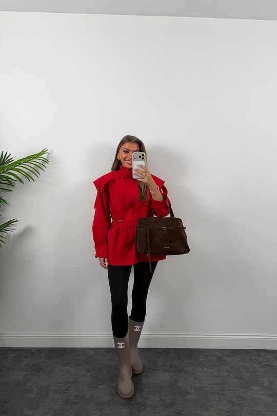 Premium Seri Parka Model Beli Büzgülü Trençkot Kırmızı