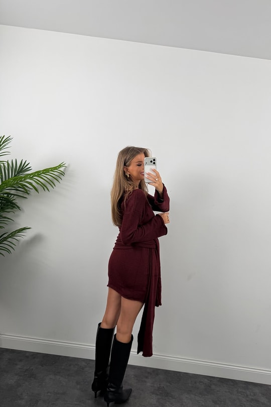 Premium Seri Şallı Yumoş Triko Elbise Bordo