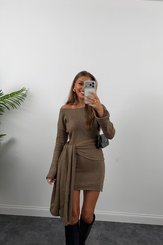 Premium Seri Şallı Yumoş Triko Elbise Vizon