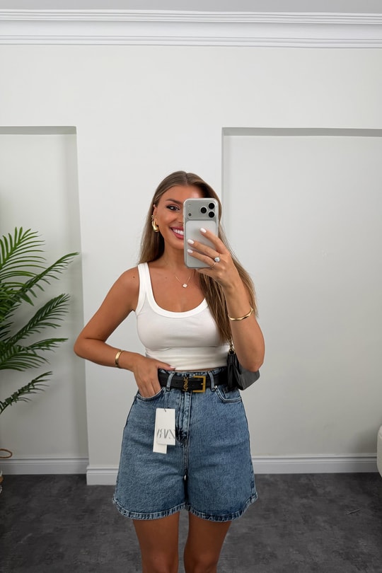 Premium Seri Şehir Boy Yüksek Bel Mom Şort 1004 Klasik Mavi
