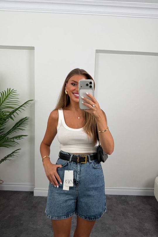 Premium Seri Şehir Boy Yüksek Bel Mom Şort 1004 Klasik Mavi