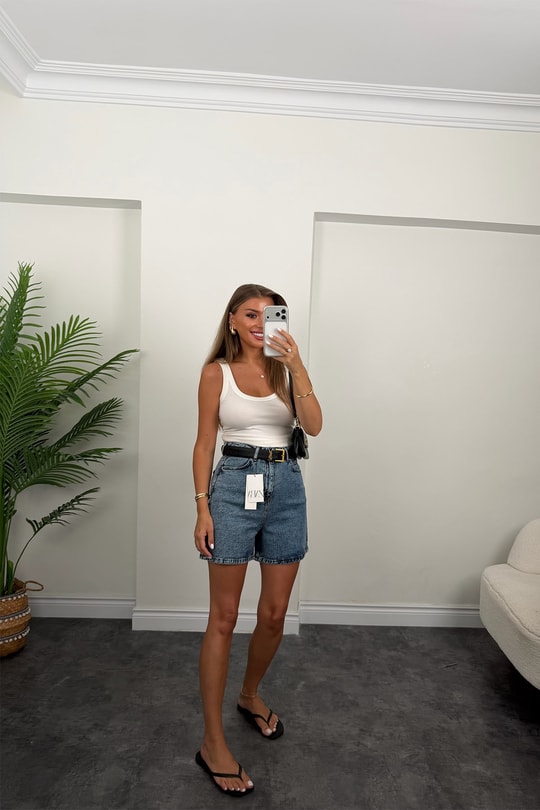 Premium Seri Şehir Boy Yüksek Bel Mom Şort 1004 Klasik Mavi