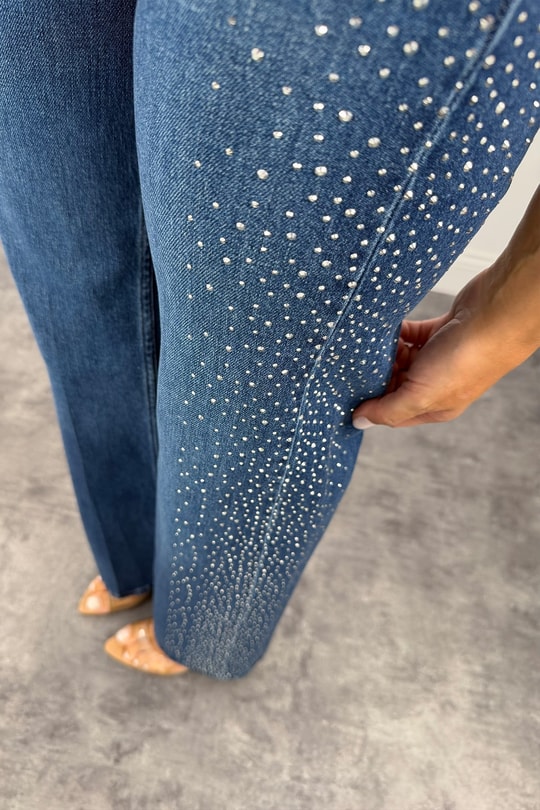Premium Seri Yanı Taşlı Tasarım Palazzo Jean 1020 Mavi