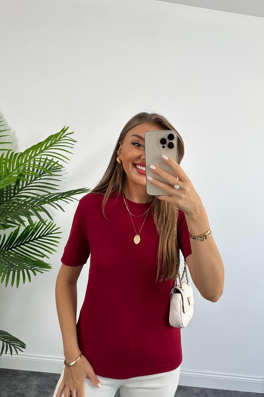 1. Sınıf Kalite Massimo Model %100 Pamuklu Lüx Basic Tshirt Bordo