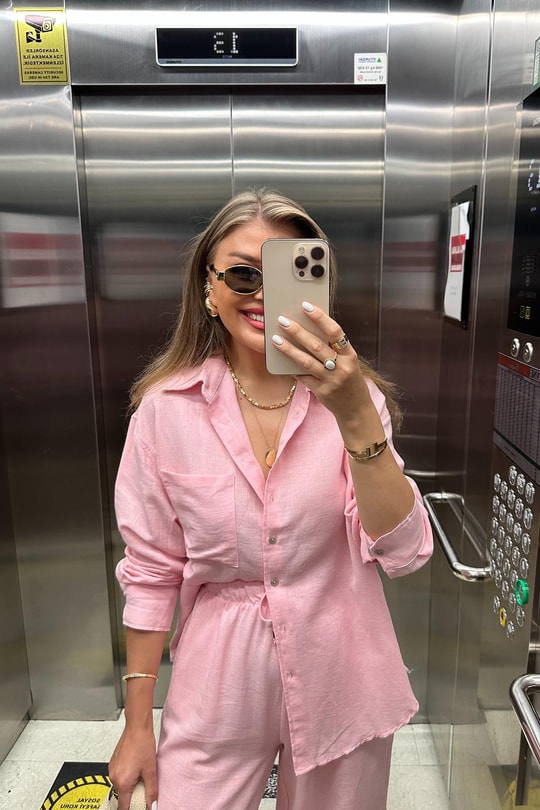 1. Sınıf Kalite Oysh Model %100 Keten Palazzo Gömlek Takım Pembe