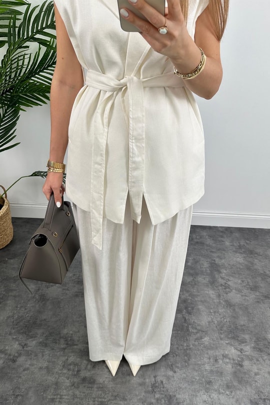 1. Sınıf Kalite Keten Kumaş Yelek Palazzo Pantolon Takım Ekru
