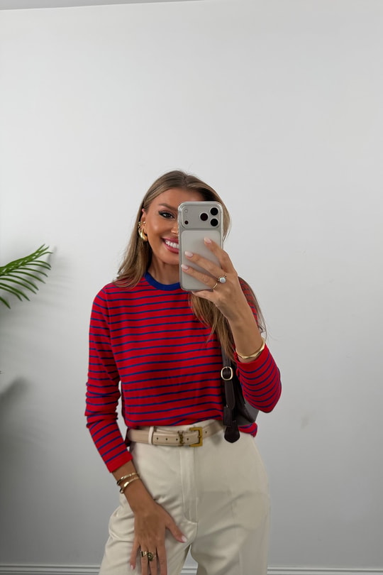 1. Sınıf Kalite %100 Viskos Marin Triko Kırmızı Mavi Çizgili