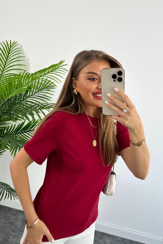 1. Sınıf Kalite Massimo Model %100 Pamuklu Lüx Basic Tshirt Bordo