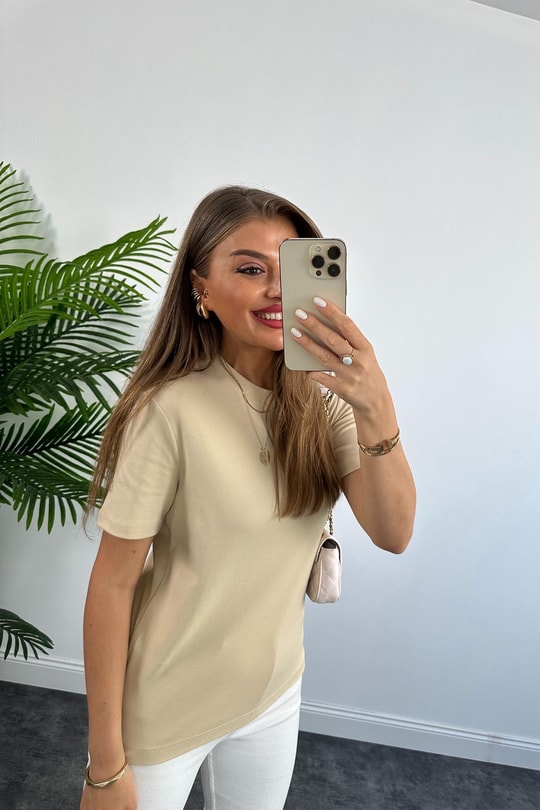 1. Sınıf Kalite Massimo Model %100 Pamuklu Lüx Basic Tshirt Bej