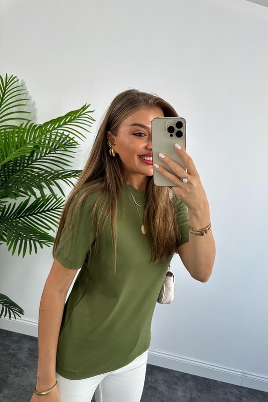 1. Sınıf Kalite Massimo Model %100 Pamuklu Lüx Basic Tshirt Haki Yeşili
