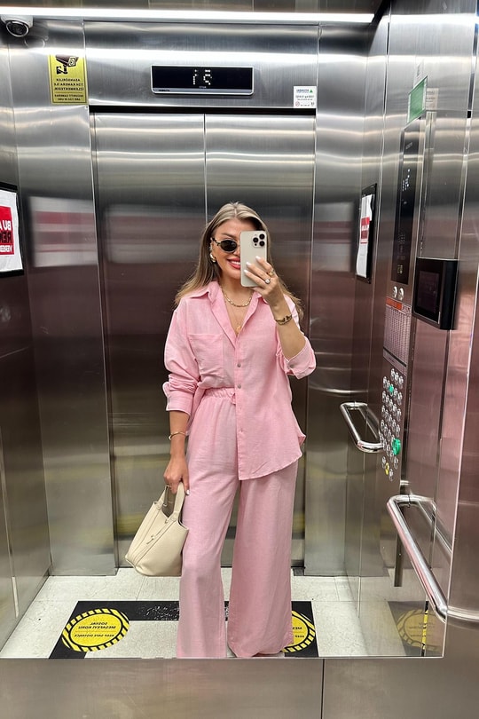1. Sınıf Kalite Oysh Model %100 Keten Palazzo Gömlek Takım Pembe