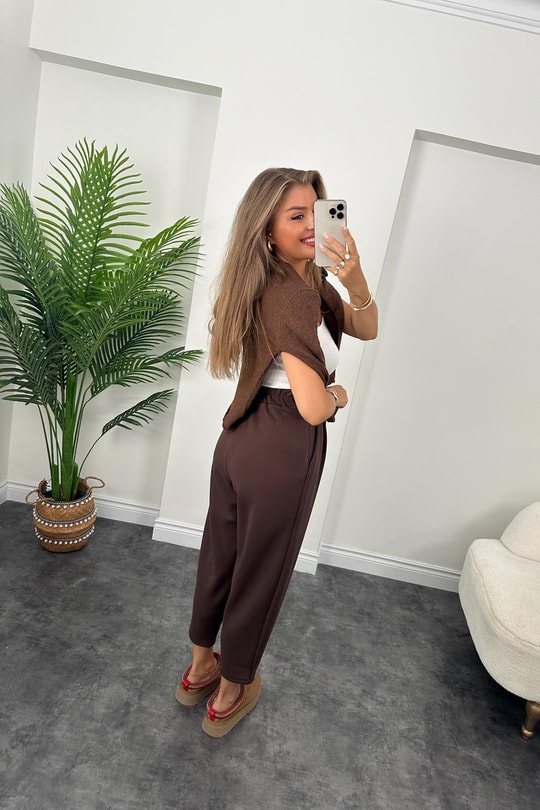 1. Sınıf Kalite Oysh Kumaş Beli Lastikli Harem Pantolon Kahverengi