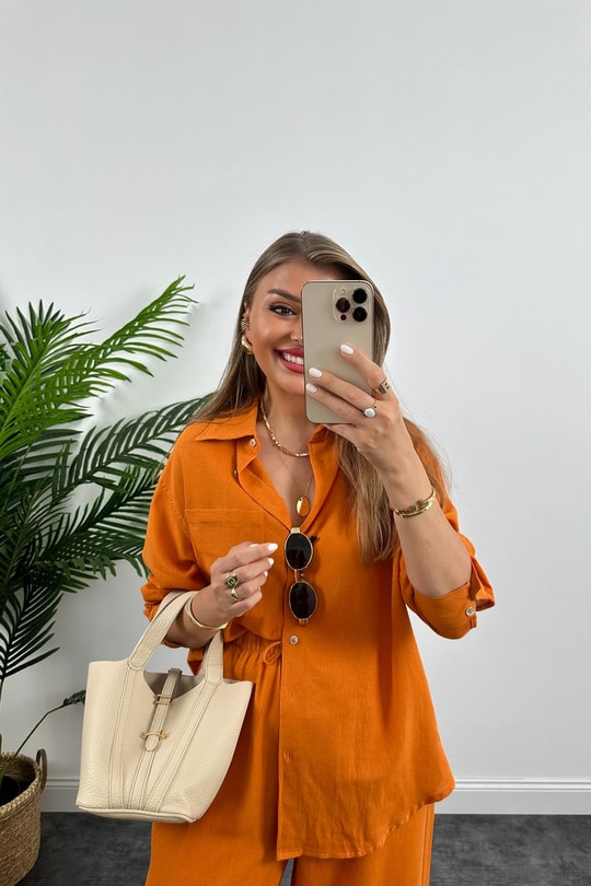 1. Sınıf Kalite Oysh Model %100 Keten Palazzo Gömlek Takım Turuncu