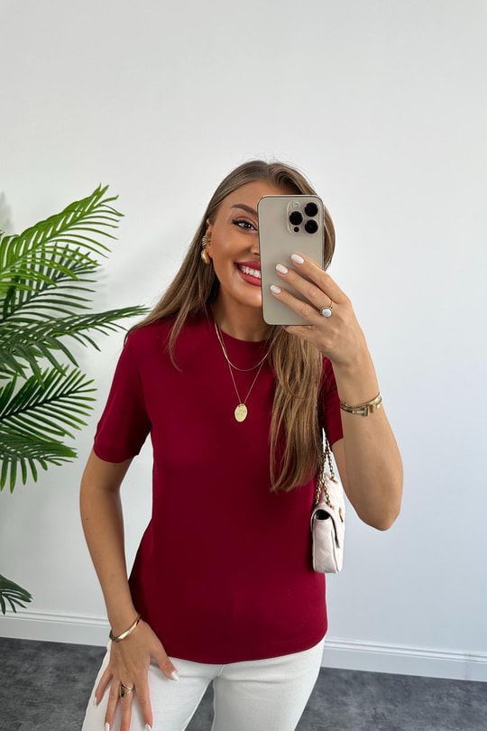 1. Sınıf Kalite Massimo Model %100 Pamuklu Lüx Basic Tshirt Bordo