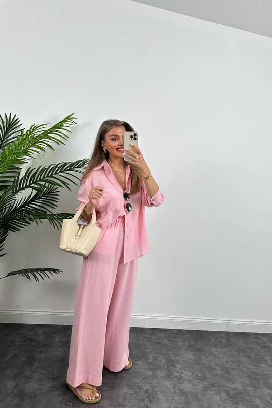 1. Sınıf Kalite Oysh Model %100 Keten Palazzo Gömlek Takım Pembe