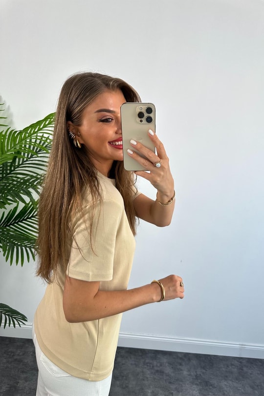 1. Sınıf Kalite Massimo Model %100 Pamuklu Lüx Basic Tshirt Bej
