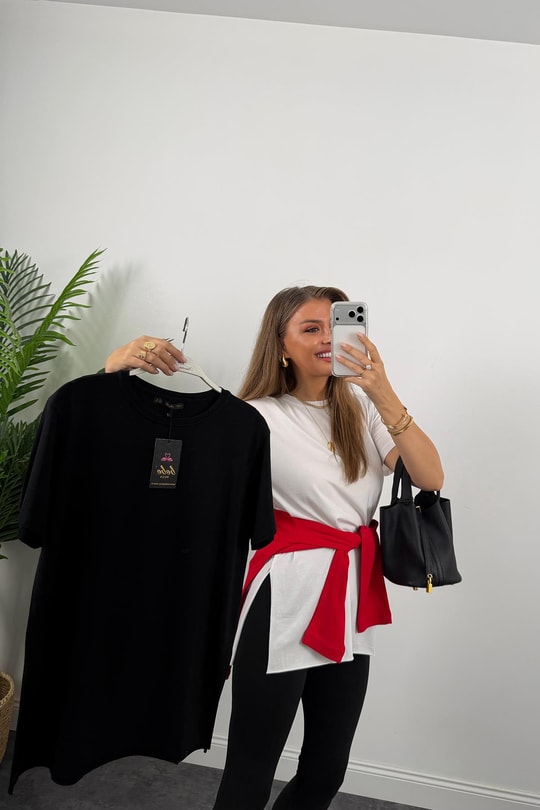 %100 Modal Kumaş Lüx Kalite Yırtmaçlı Salaş Basic Tshirt Beyaz
