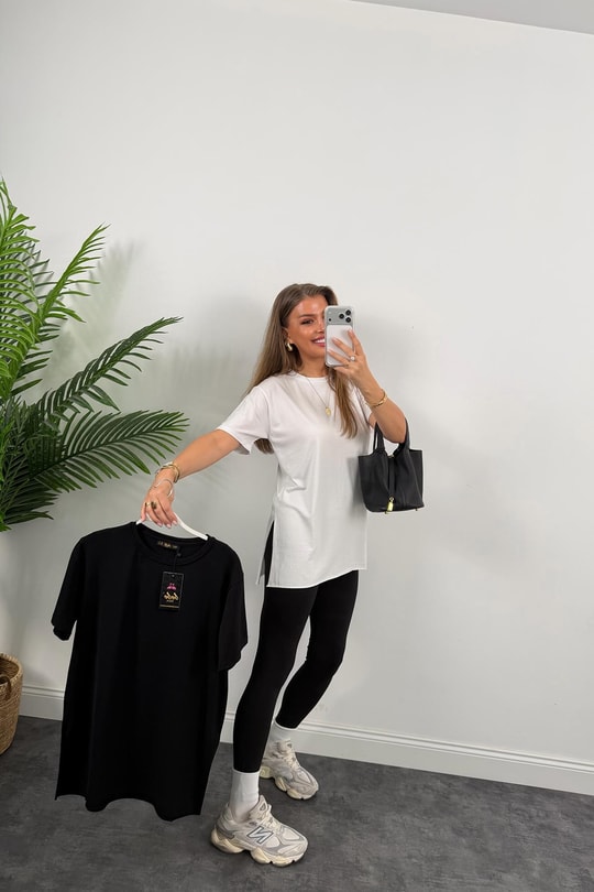 %100 Modal Kumaş Lüx Kalite Yırtmaçlı Salaş Basic Tshirt Beyaz