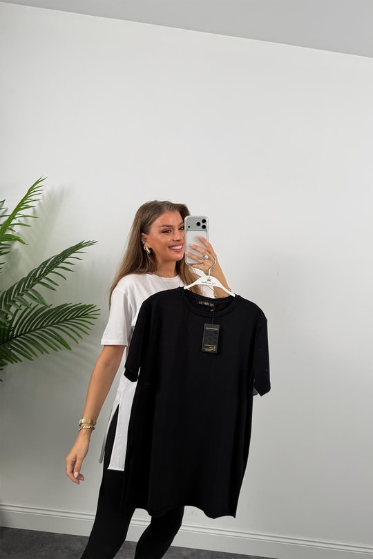 %100 Modal Kumaş Lüx Kalite Yırtmaçlı Salaş Basic Tshirt Beyaz