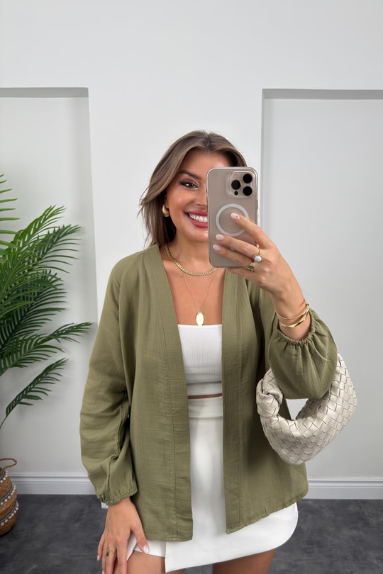 %100 Müslin Organik Kumaş Kimono Ceket Haki