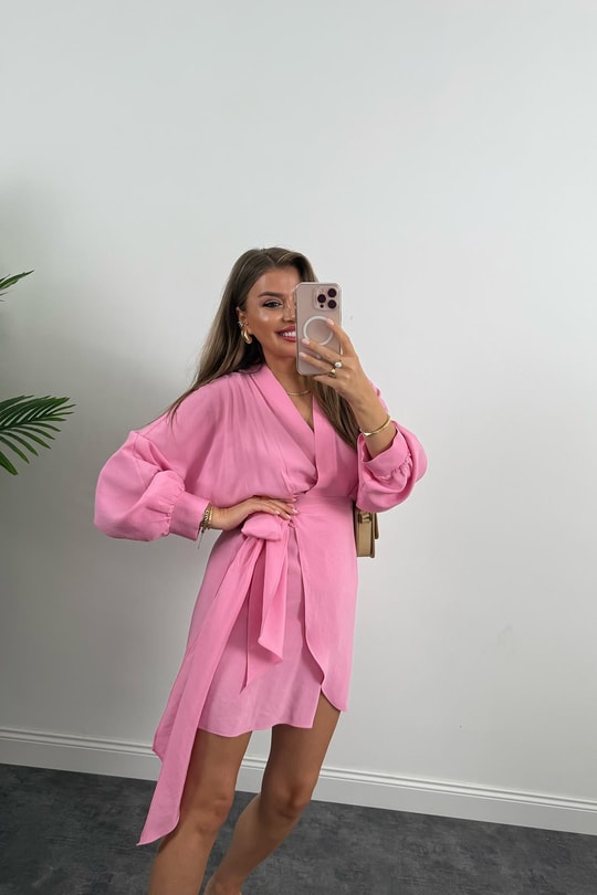 %100 Tensel Balon Kol Lüx Kalite Anvelop Elbise Pembe