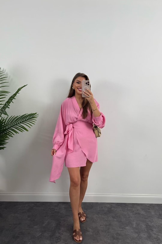 %100 Tensel Balon Kol Lüx Kalite Anvelop Elbise Pembe