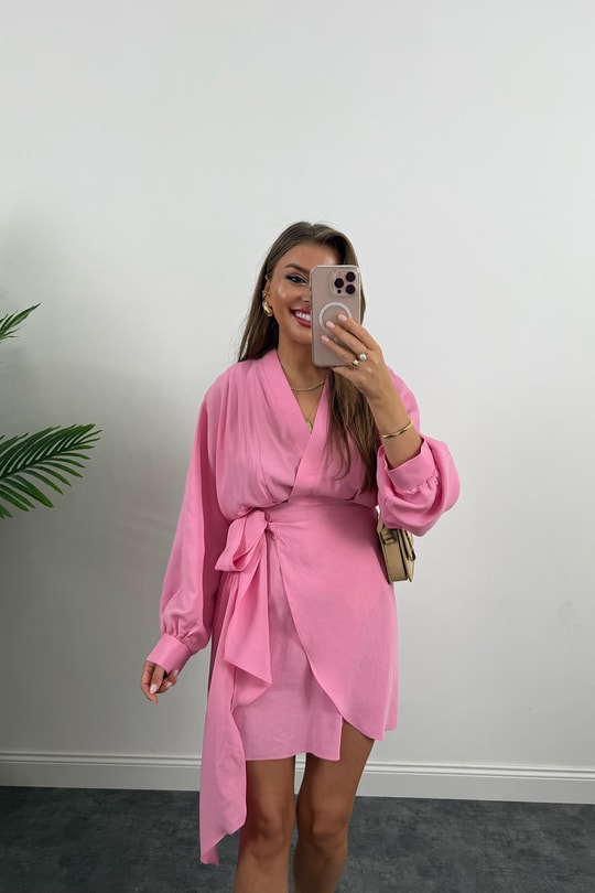 %100 Tensel Balon Kol Lüx Kalite Anvelop Elbise Pembe