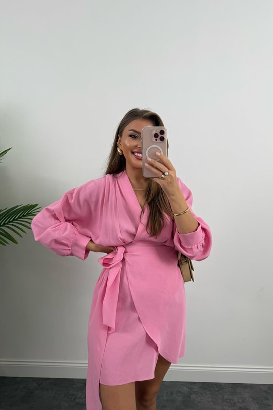 %100 Tensel Balon Kol Lüx Kalite Anvelop Elbise Pembe