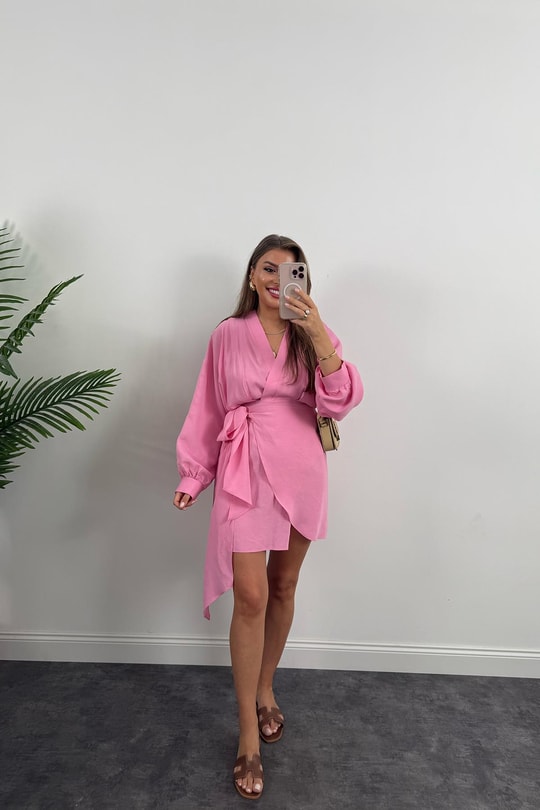 %100 Tensel Balon Kol Lüx Kalite Anvelop Elbise Pembe