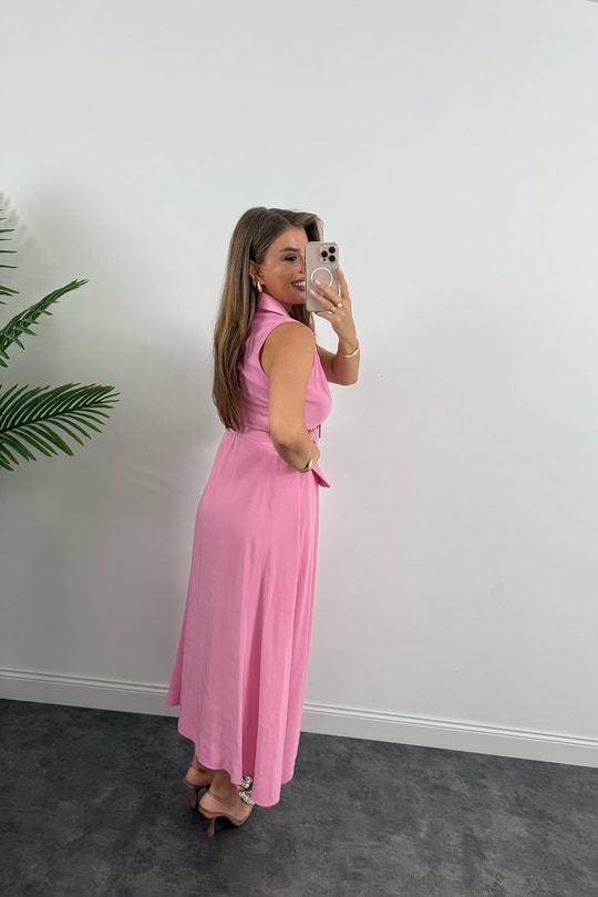 %100 Tensel Kumaş Lüx Kalite Düğmeli Kemerli Maxi Elbise Pembe