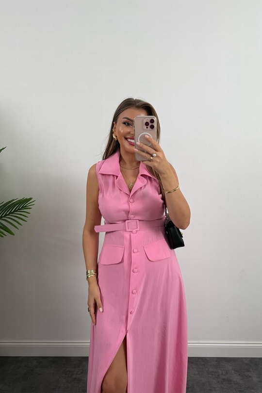 %100 Tensel Kumaş Lüx Kalite Düğmeli Kemerli Maxi Elbise Pembe