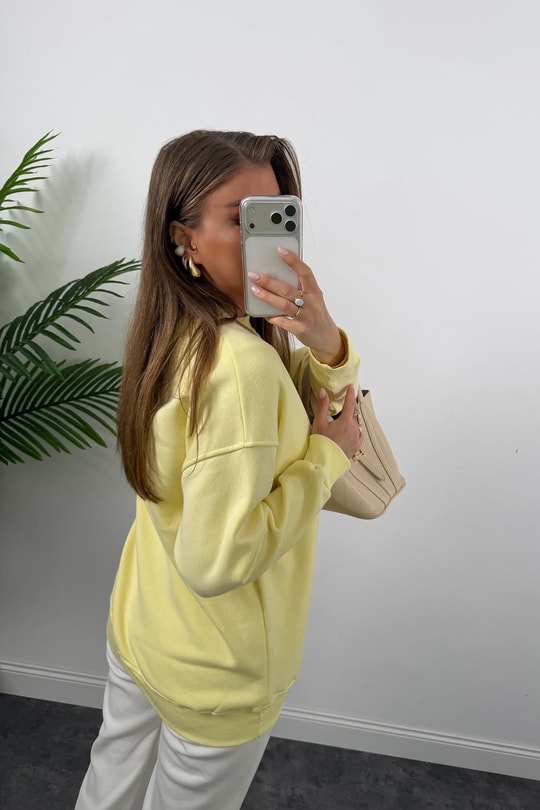 3 İplik Şardonlu Tam Pamuk Basic Yumoş Sweat Sarı