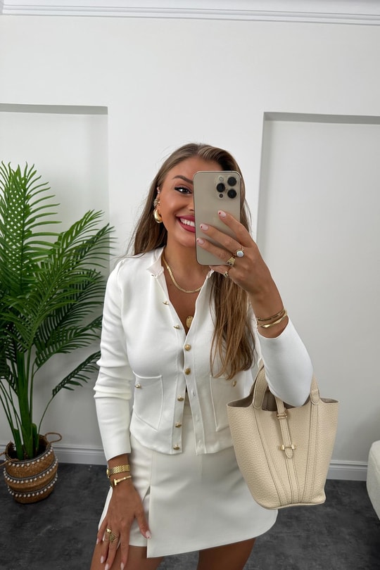 Amor Paris Gold Düğmeli Çelik Triko Hırka Beyaz