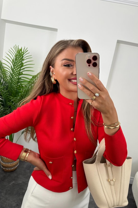 Amor Paris Gold Düğmeli Çelik Triko Hırka Kırmızı