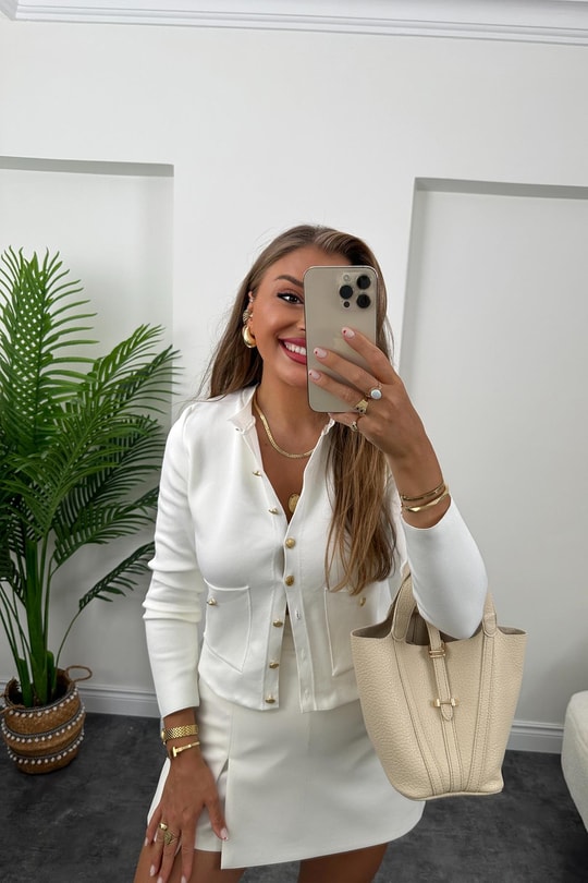 Amor Paris Gold Düğmeli Çelik Triko Hırka Beyaz
