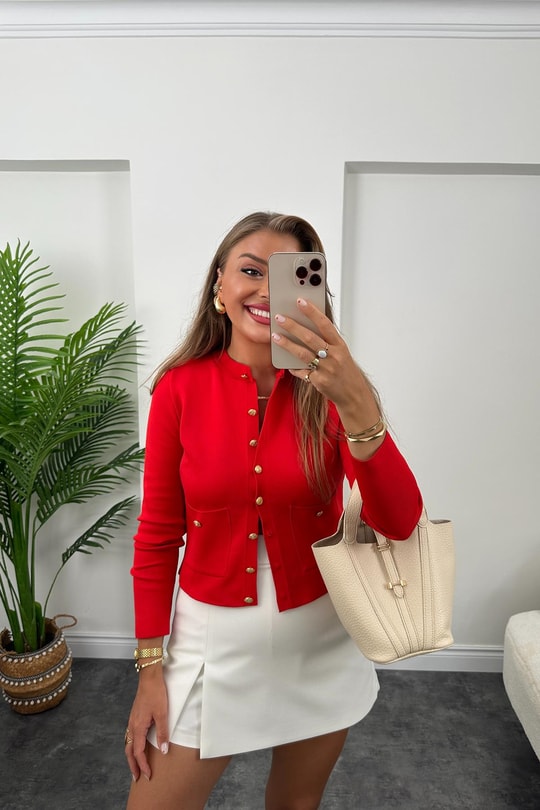 Amor Paris Gold Düğmeli Çelik Triko Hırka Kırmızı