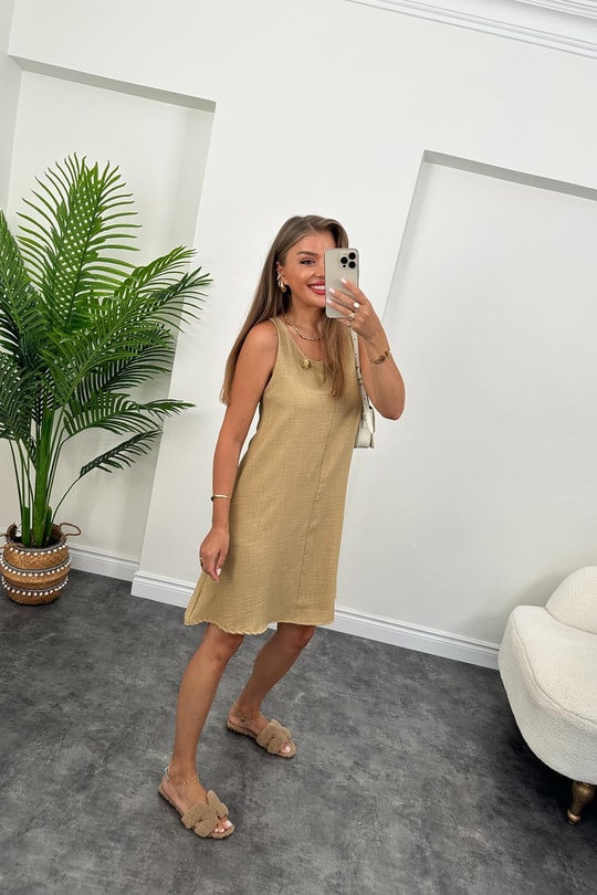 Basic Keten Çan Elbise Camel