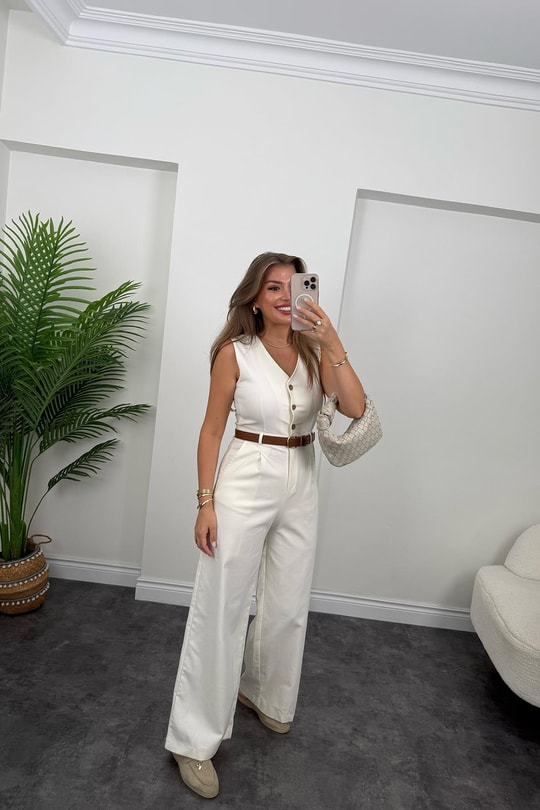 Bebe Likralı Kemerli Palazzo Paça Tensel Jean Tulum Ekru