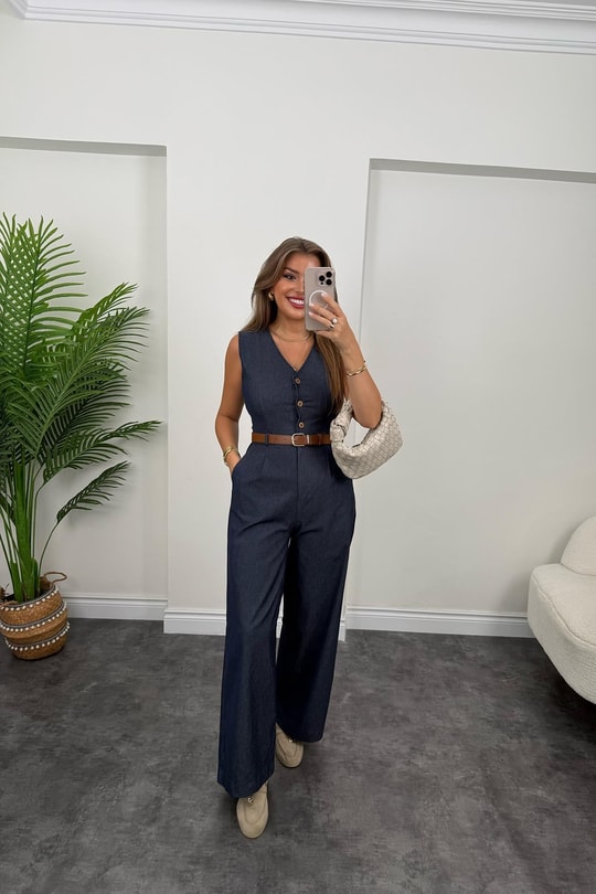 Bebe Likralı Kemerli Palazzo Paça Tensel Jean Tulum Lacivert