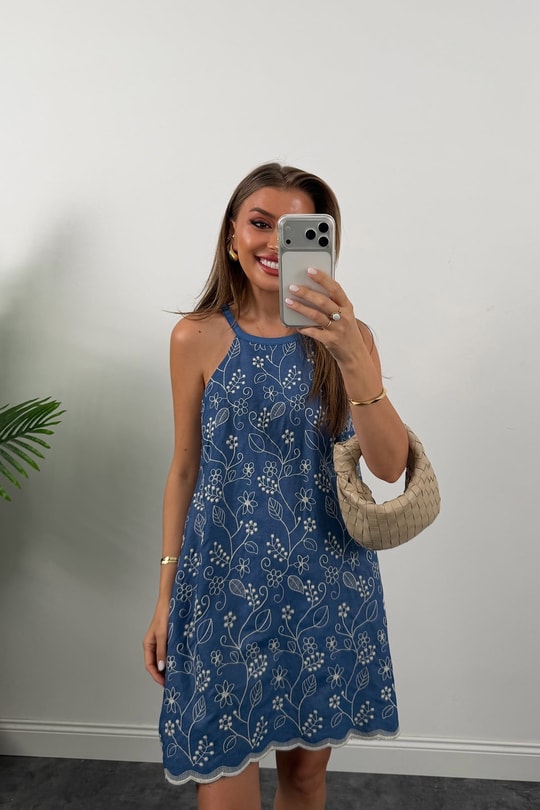 Bebe Lüx Kalite Nakışlı Pamuk Denim Elbise