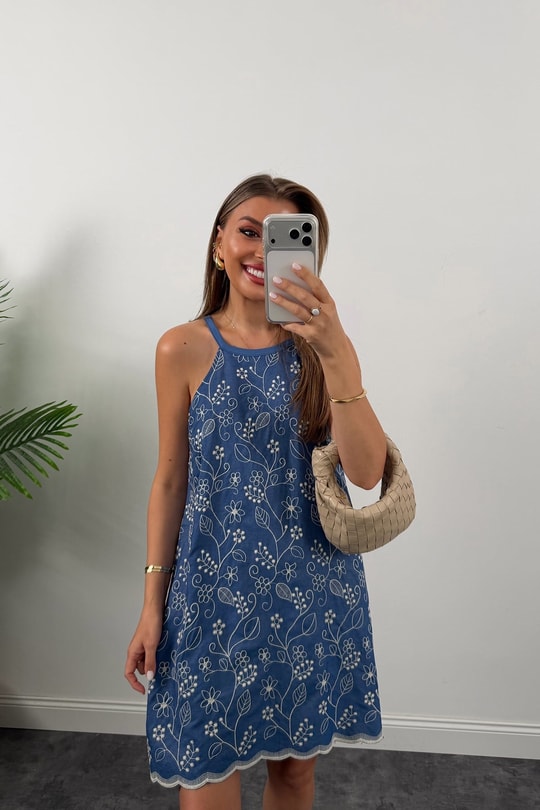 Bebe Lüx Kalite Nakışlı Pamuk Denim Elbise