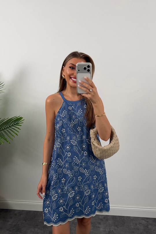 Bebe Lüx Kalite Nakışlı Pamuk Denim Elbise