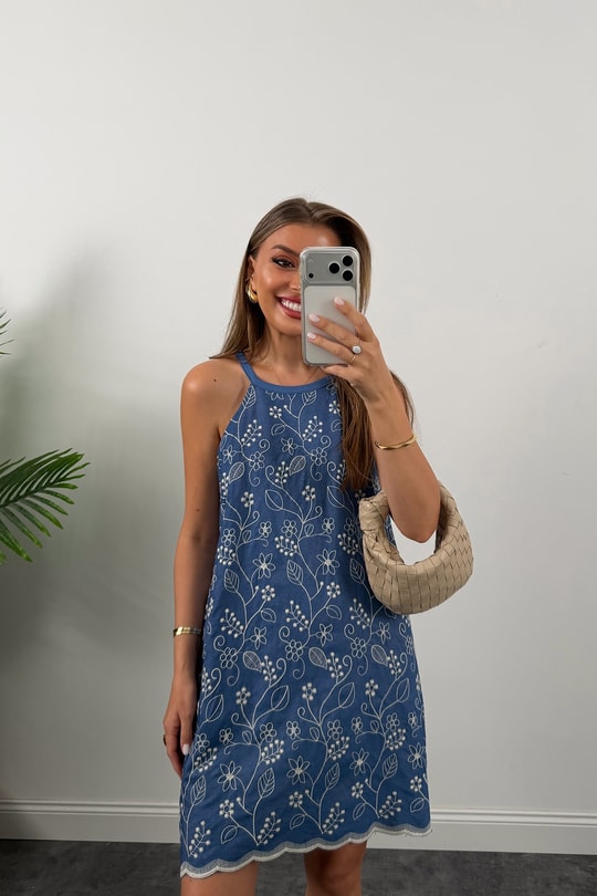 Bebe Lüx Kalite Nakışlı Pamuk Denim Elbise