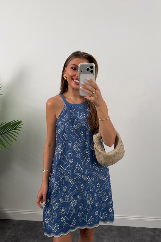 Bebe Lüx Kalite Nakışlı Pamuk Denim Elbise