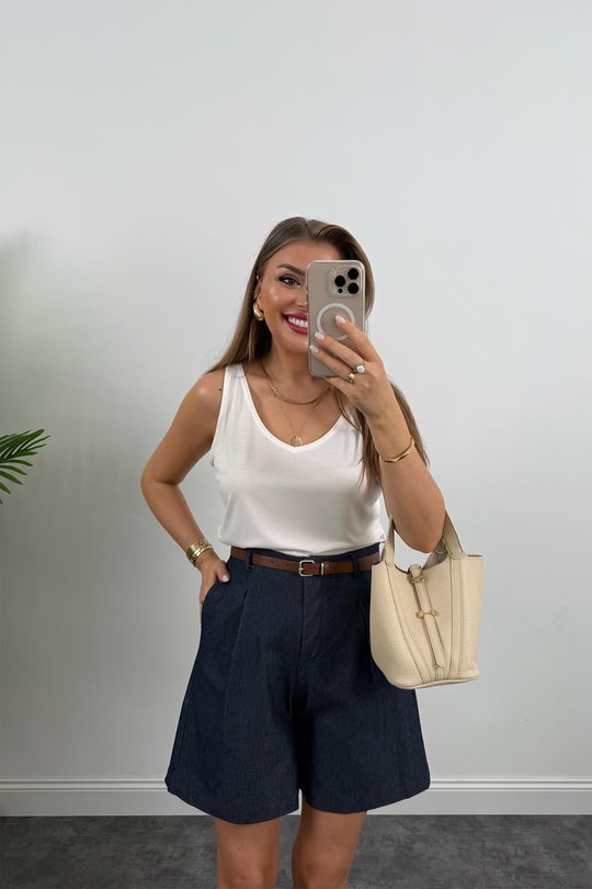 Bebe Marka Likralı Kemerli Şehir Boy Premium Jean Şort Lacivert