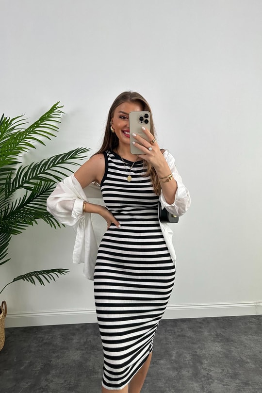 Bebe Marka Lüx Kalite Likralı Çizgili Midi Boy Basic Kalem Elbise