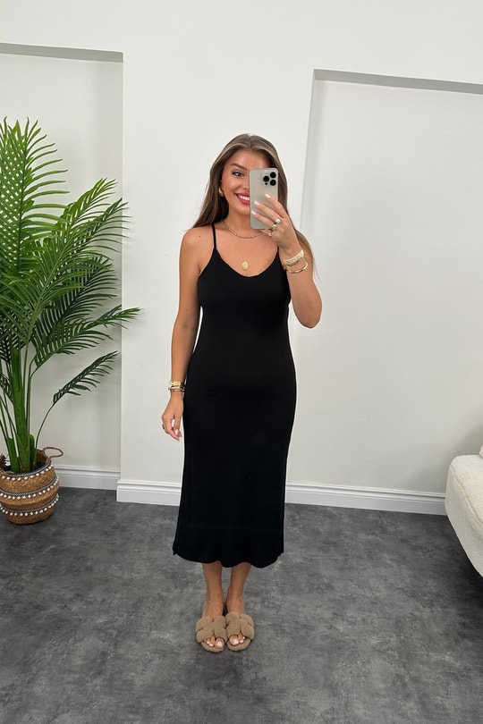 Bebe Marka Lüx Kalite Oysh Kumaş Çift Yırtmaçlı Basic Elbise Siyah