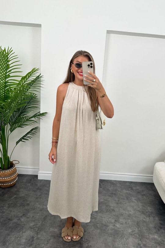 Bebe Marka Maxi Boy Naturel Keten Elbise
