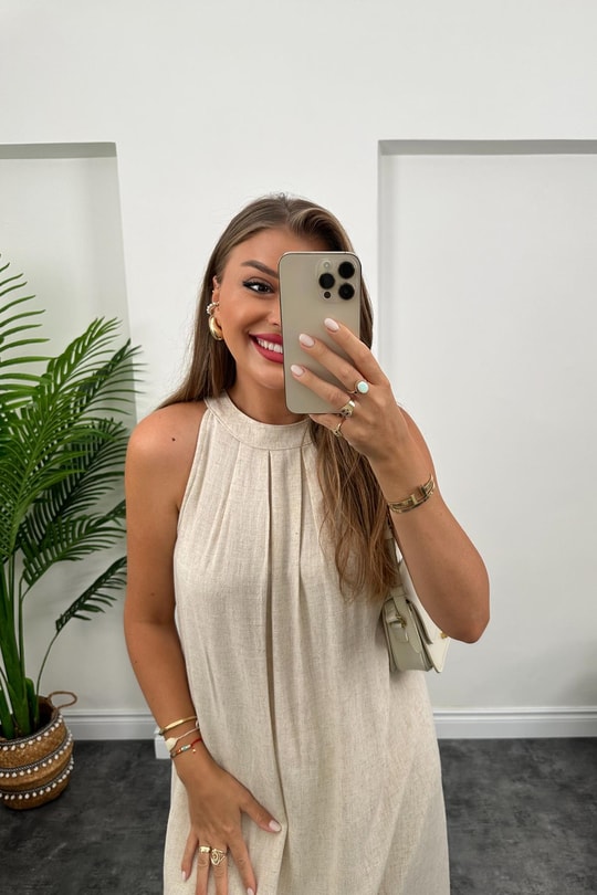 Bebe Marka Maxi Boy Naturel Keten Elbise